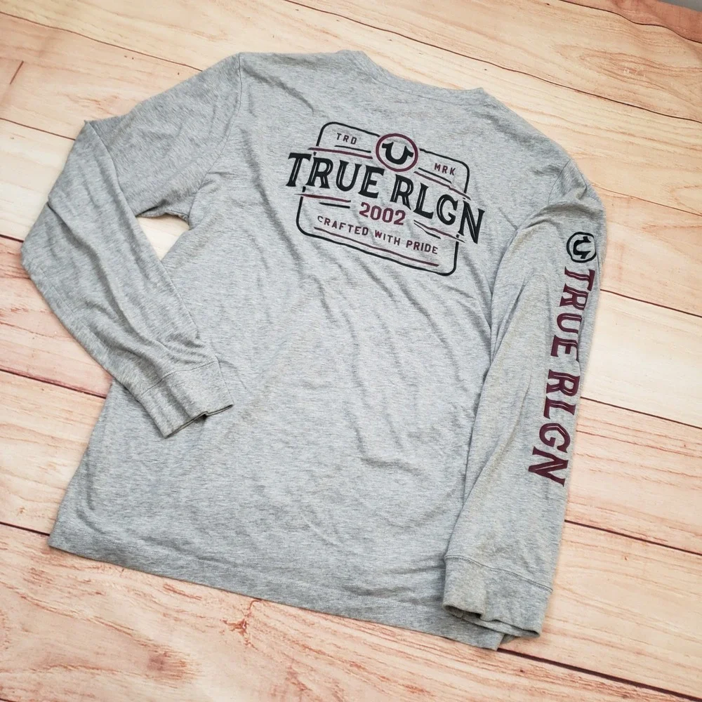 True‎ Religion Shirt Mens XL Heather Gray Graphic Long Sleeve Tee Horseshoe Logo